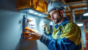 A photograph of a lighting contractor installing or inspecting a gang box cover in a well-lit workspace