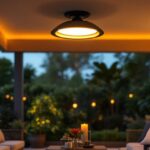 A photograph of a beautifully designed outdoor waterproof ceiling light installed in a stylish patio or porch setting