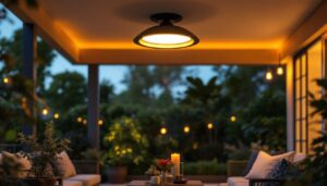 A photograph of a beautifully designed outdoor waterproof ceiling light installed in a stylish patio or porch setting