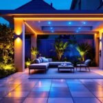 A photograph of a vibrant outdoor scene featuring commercial led strip lights elegantly illuminating a patio or garden space at dusk
