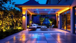 A photograph of a vibrant outdoor scene featuring commercial led strip lights elegantly illuminating a patio or garden space at dusk