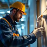 A photograph of a lighting contractor installing or adjusting an occupancy sensor in a well-lit commercial space