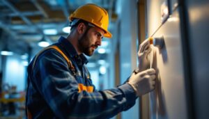 A photograph of a lighting contractor installing or adjusting an occupancy sensor in a well-lit commercial space