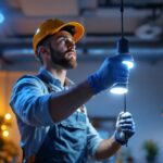 A photograph of a lighting contractor skillfully installing or adjusting led lights in a modern space