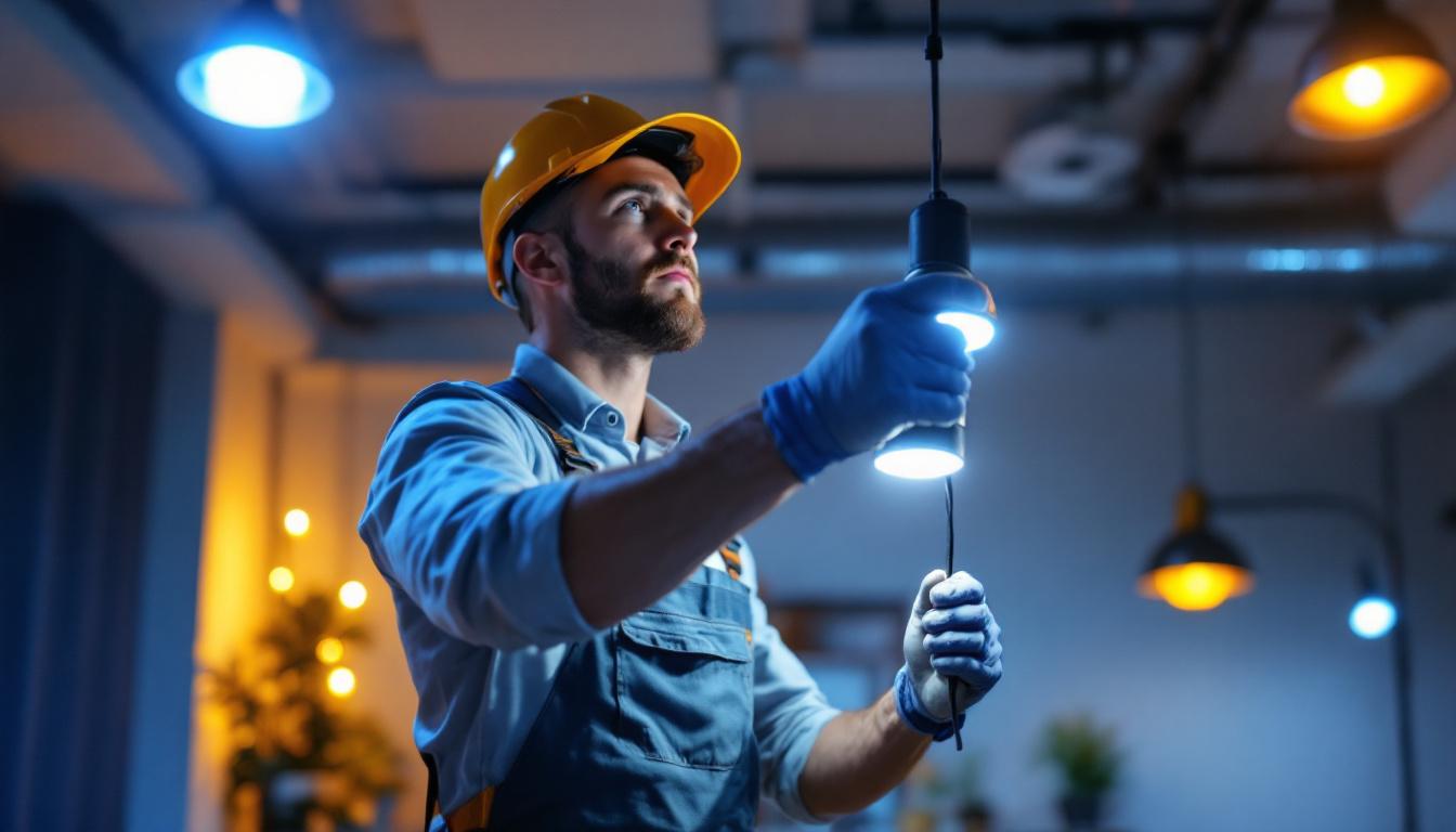 A photograph of a lighting contractor skillfully installing or adjusting led lights in a modern space