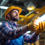 A photograph of a lighting contractor installing led fluorescent replacement tubes in a commercial setting