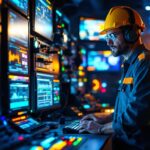 A photograph of a lighting contractor interacting with advanced lighting control systems