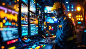 A photograph of a lighting contractor interacting with advanced lighting control systems