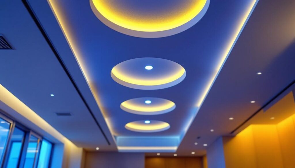 A photograph of a beautifully designed ceiling with recessed lighting fixtures that seamlessly blend into the architecture