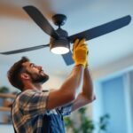 A photograph of a skilled lighting contractor expertly installing a stylish replacement ceiling fan in a well-lit