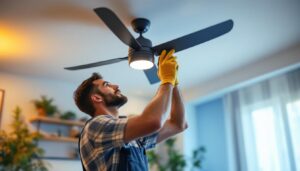 A photograph of a skilled lighting contractor expertly installing a stylish replacement ceiling fan in a well-lit