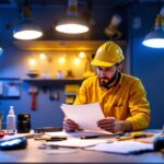 A photograph of a well-organized workspace featuring various lighting fixtures