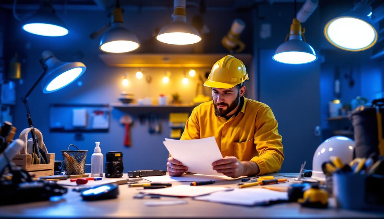 A photograph of a well-organized workspace featuring various lighting fixtures