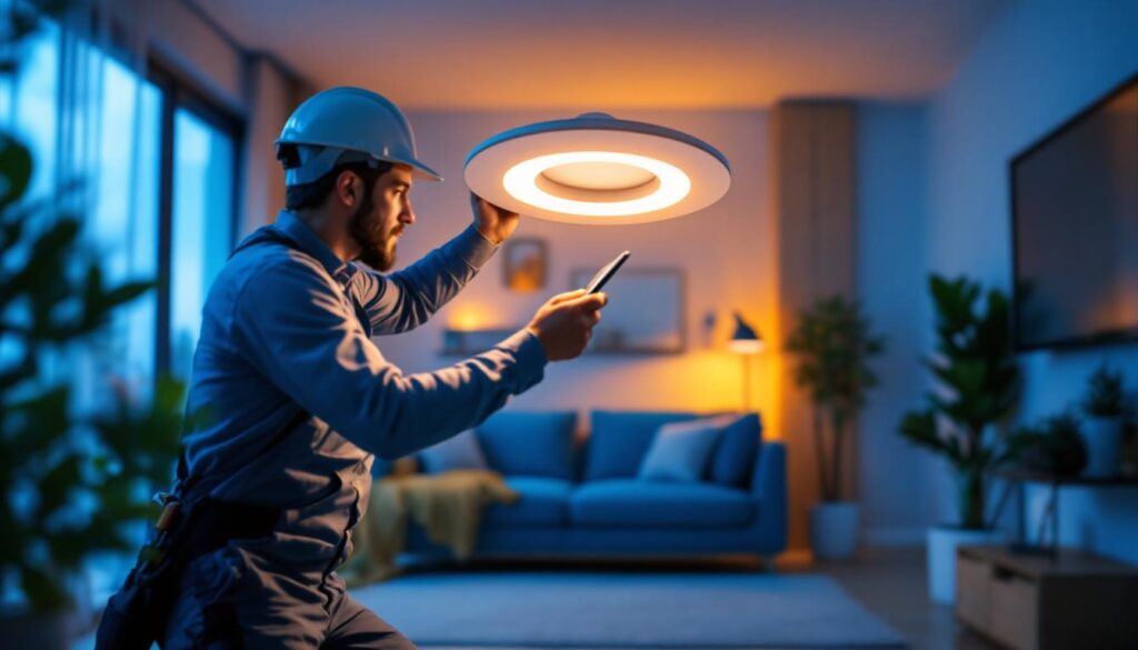 A photograph of a lighting contractor installing a sleek 2-inch led downlight in a modern residential setting