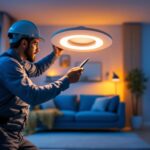 A photograph of a lighting contractor installing a sleek 2-inch led downlight in a modern residential setting