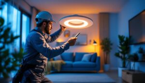 A photograph of a lighting contractor installing a sleek 2-inch led downlight in a modern residential setting