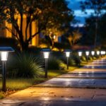 A photograph of a beautifully illuminated pathway at dusk