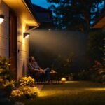 A photograph of a well-lit outdoor area featuring motion sensor security lights in action