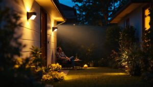 A photograph of a well-lit outdoor area featuring motion sensor security lights in action