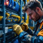 A photograph of a lighting contractor skillfully performing a telephone punch down on a structured wiring panel