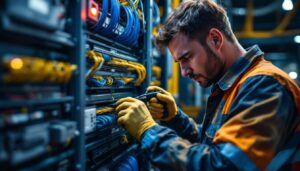 A photograph of a lighting contractor skillfully performing a telephone punch down on a structured wiring panel