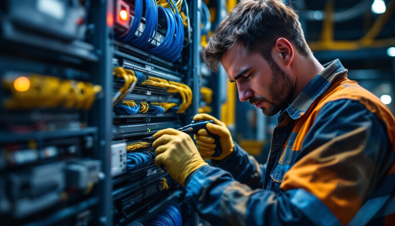 A photograph of a lighting contractor skillfully performing a telephone punch down on a structured wiring panel