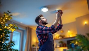 A photograph of a lighting contractor installing led recessed lighting in a modern home setting