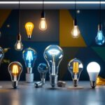 A photograph of a stylishly arranged display of various pin base light bulbs in a modern setting