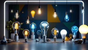 A photograph of a stylishly arranged display of various pin base light bulbs in a modern setting