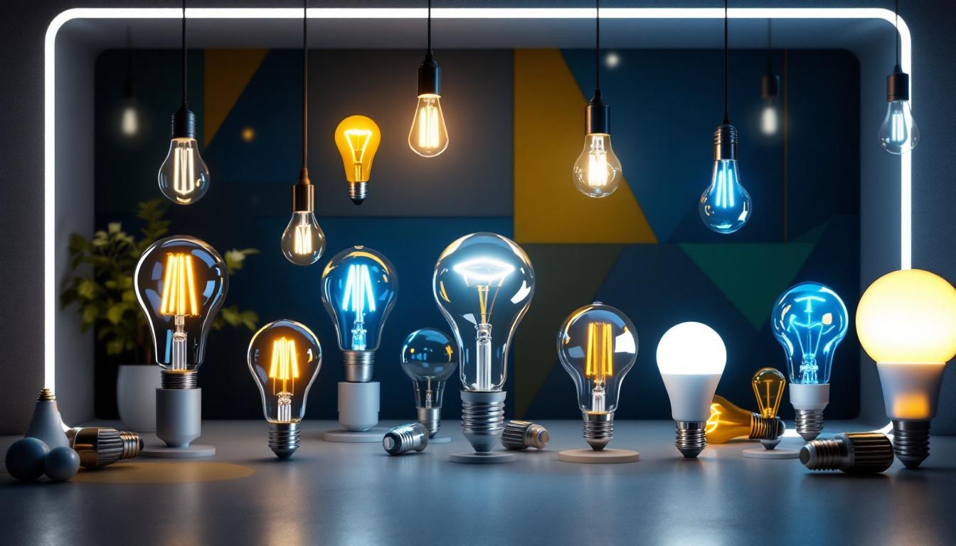 A photograph of a stylishly arranged display of various pin base light bulbs in a modern setting