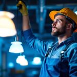 A photograph of a lighting contractor expertly installing high wattage lamps in a commercial space