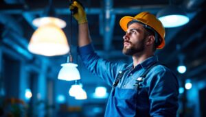 A photograph of a lighting contractor expertly installing high wattage lamps in a commercial space