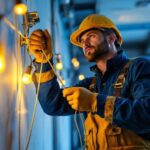 A photograph of a lighting contractor skillfully using a wire pull string in a well-lit