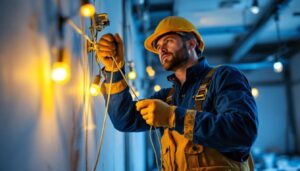 A photograph of a lighting contractor skillfully using a wire pull string in a well-lit