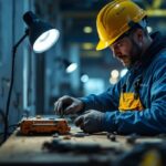 A photograph of a lighting contractor efficiently working on a job site