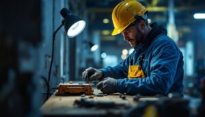 A photograph of a lighting contractor efficiently working on a job site