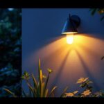 A photograph of a beautifully designed garden wall lamp illuminating a lush garden setting at dusk