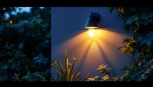 A photograph of a beautifully designed garden wall lamp illuminating a lush garden setting at dusk