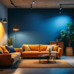 A photograph of a well-lit basement featuring various stylish lighting fixtures