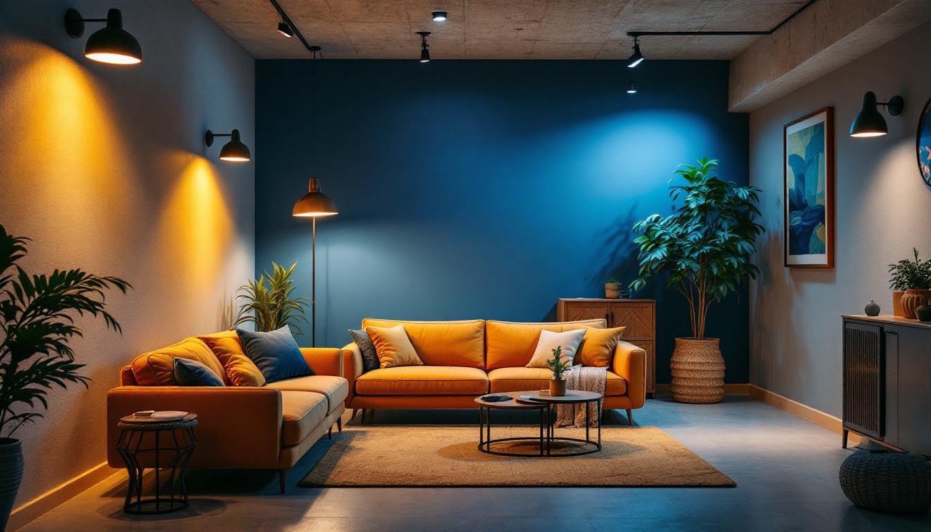 A photograph of a well-lit basement featuring various stylish lighting fixtures