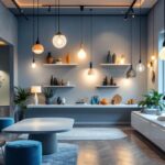 A photograph of a modern lighting design showroom that showcases a diverse range of innovative light fixtures