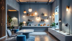 A photograph of a modern lighting design showroom that showcases a diverse range of innovative light fixtures