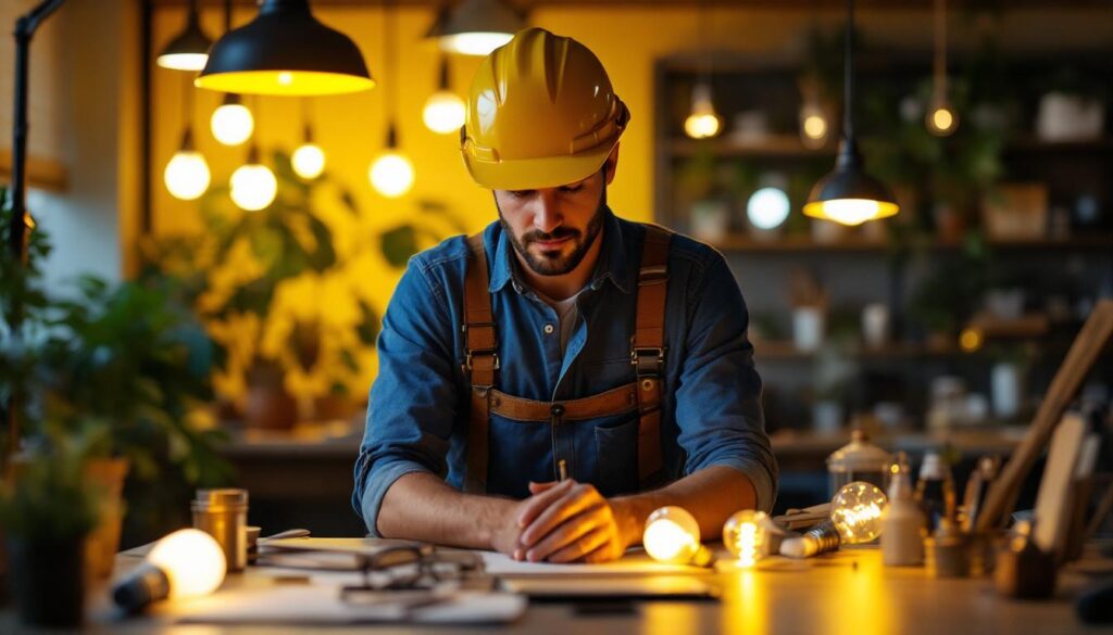 A photograph of a lighting contractor evaluating different light fixtures in a well-lit workspace