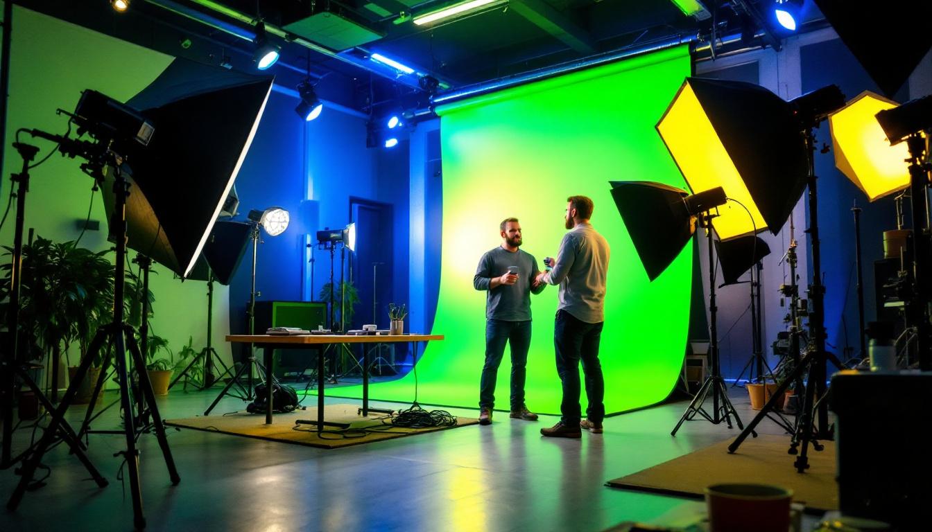 A photograph of a lighting contractor setting up a green screen in a well-lit studio