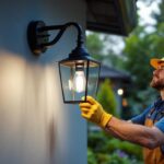 A photograph of a skilled lighting contractor installing a stylish replacement glass outdoor light fixture in a beautifully landscaped exterior setting
