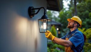A photograph of a skilled lighting contractor installing a stylish replacement glass outdoor light fixture in a beautifully landscaped exterior setting