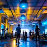 A photograph of a well-lit gym interior showcasing various types of light fixtures in action