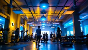 A photograph of a well-lit gym interior showcasing various types of light fixtures in action