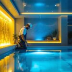 A photograph of a lighting contractor working in a modern spa environment