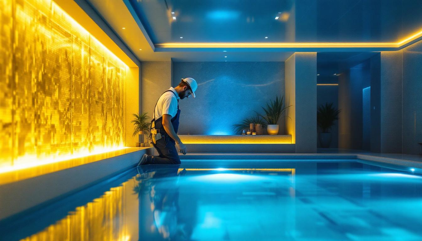 A photograph of a lighting contractor working in a modern spa environment